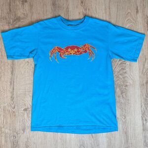Vintage Anvil Graphic T-Shirt Red Crab Illustration Blue Large Bold Coastal Tee